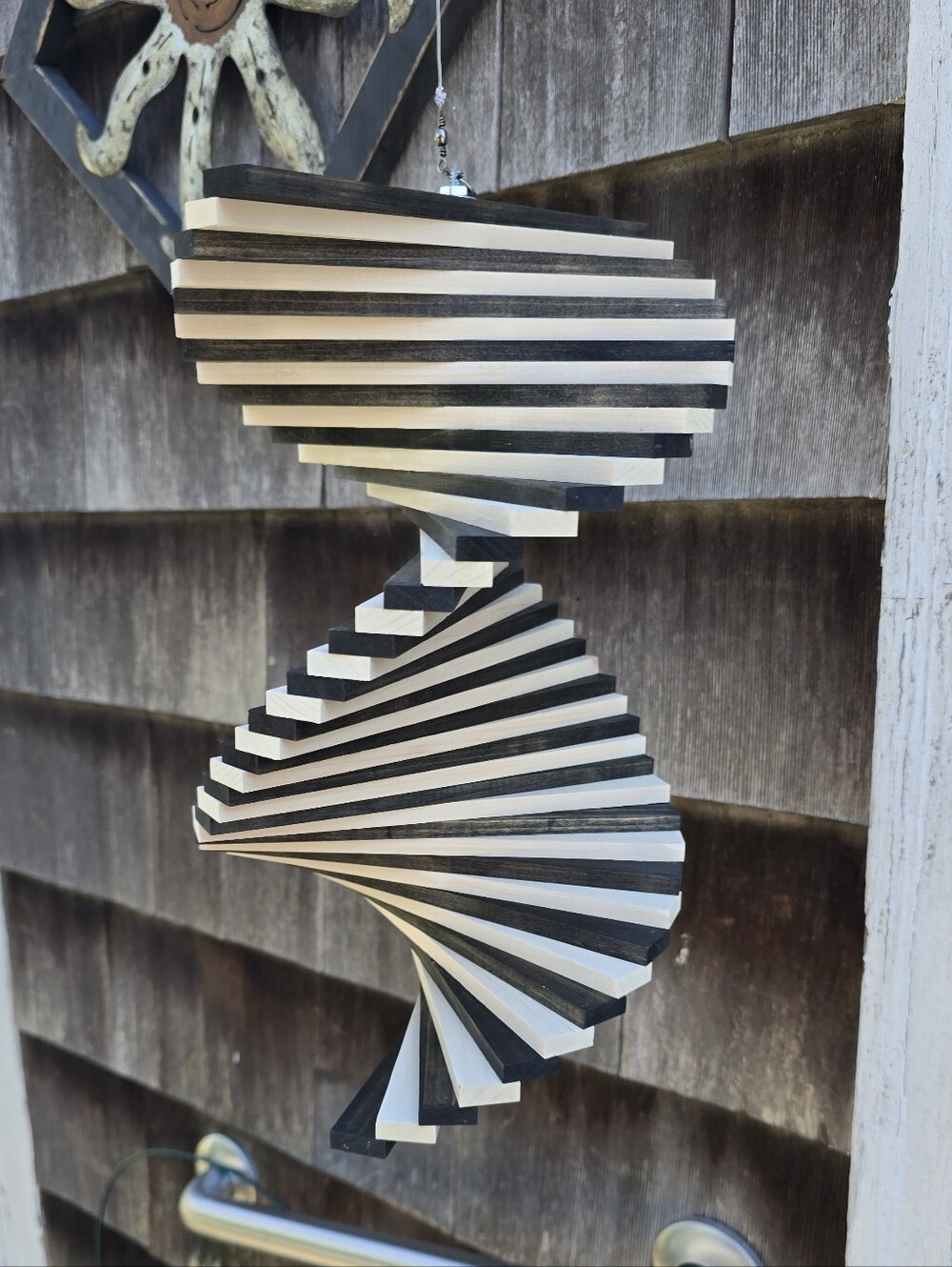 Black White Spinner Windchime Stained wooden Porch patio farmhouse rustic